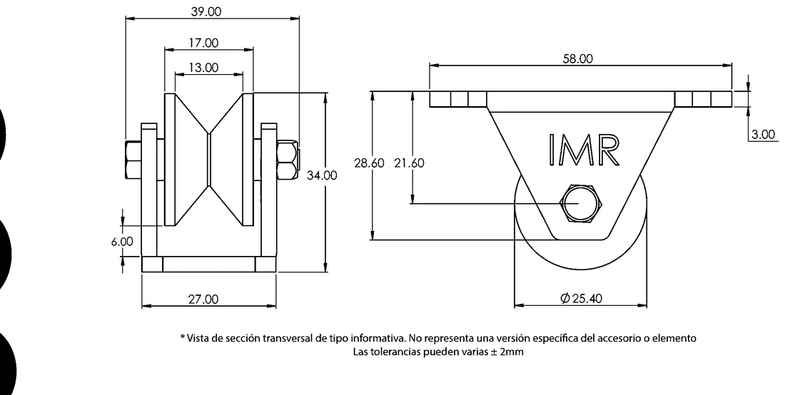 Plano acotado de Polea de 1" — Perfil en V, sin rodamiento