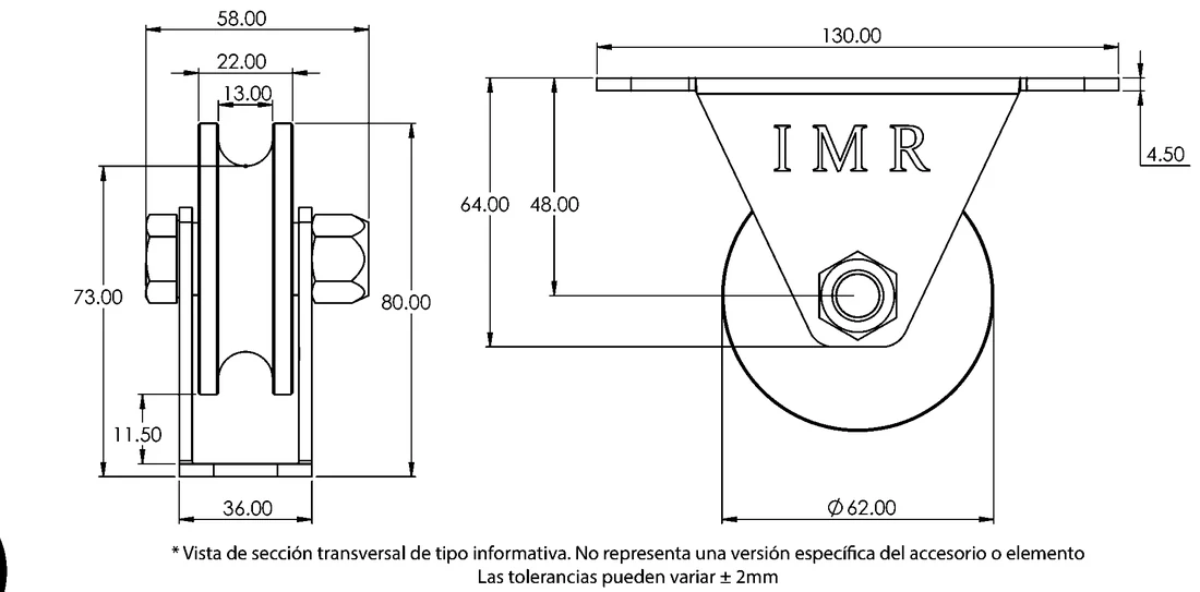 Plano acotado de Polea de 2 1/2" — Para guaya de 1/2", con rodamiento