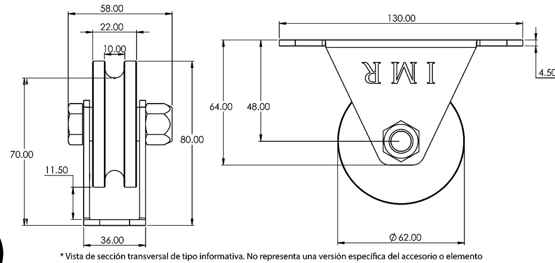 Plano acotado de Polea de 2 1/2" — Para guaya de 3/8", con rodamiento