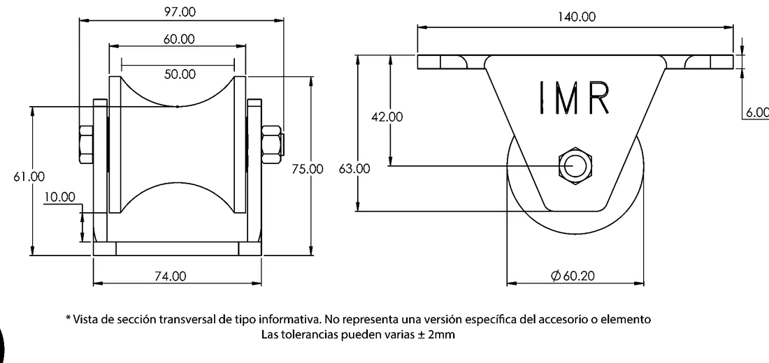 Plano acotado de Polea de 2 1/2" — Para tubo de 2", doble rodamiento
