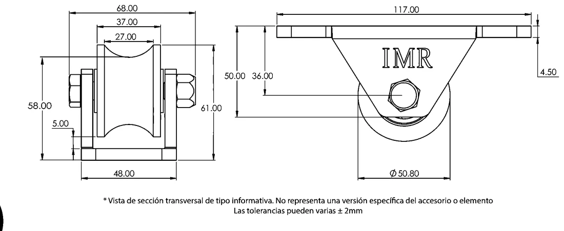 Plano acotado de Polea de 2" — Para tubo de 1", doble rodamiento