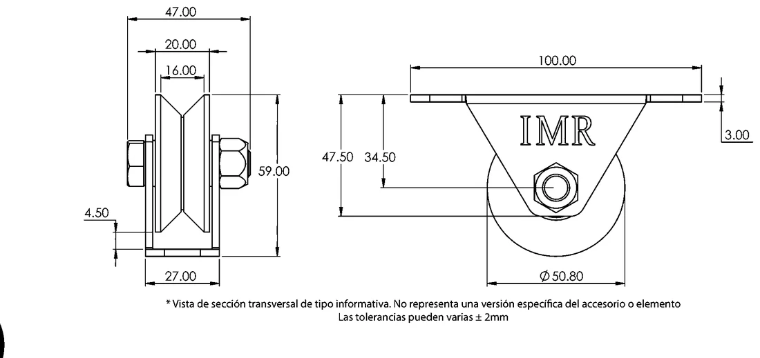 Plano acotado de Polea de 2" — Perfil en V, con rodamiento