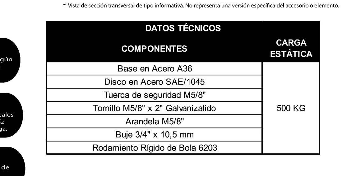 Plano acotado de Polea de 3" — Para guaya de 3/8", con rodamiento