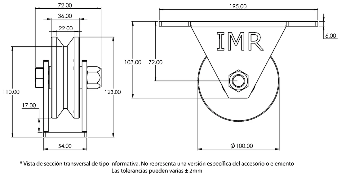 Plano acotado de Polea de 4" — Perfil semitrapezoidal, doble rodamiento