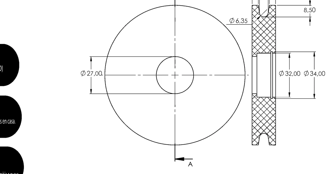 Plano acotado de Polea de 2 1/2" — Plástica para gimnasio, con rodamiento